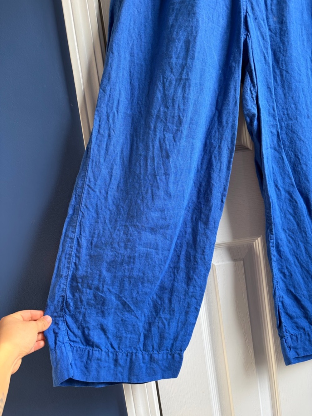 Tahari 100% Linen Blue Wide Leg Pants Size L Elastic Waist Lightweight Summer - Picture 3 of 7